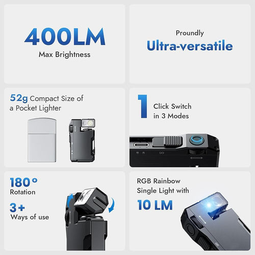 GQ G5 Rechargeable EDC Flashlight, 400 Lumens Dual Light Sources Mini Flashlight with RGB Light, Portable Flat Pocket Flashlights, Magnetic Keychain for Outdoor Home Emergencies