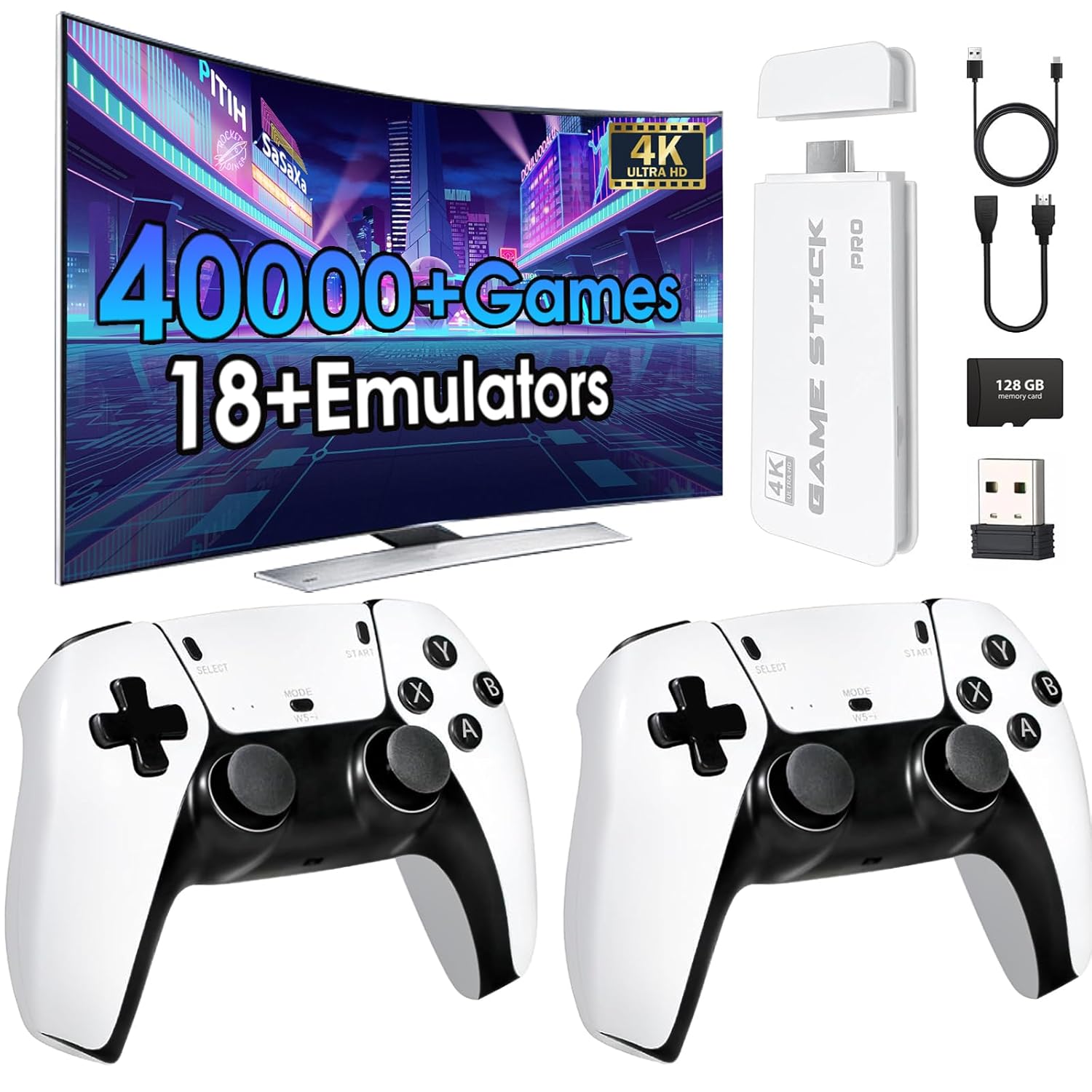 ⭐【Valentine's gift】TEFELE 2026New Wireless Retro Game Console Plug and Play 4K HD HDMI TV Game Stick 23 Simulators and Over 40,000 Games 2.4G with Dual 2.4G Wireless Controllers(128G)